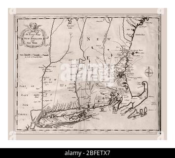 Vintage 1702 America USA Mappa di costa orientale - New England e New York degli Stati Uniti intitolato 'un Mapp esatto del New England e New York.' opera di Cotton Mather (ministro e autore americano, 1663-1728) 1702 New England --Storia --periodo coloniale, ca. 1600-1775. Stampato per Thomas Parkhurst London 1702. Foto Stock