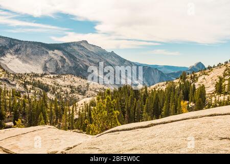Vista da Olmsted Point dell'ambiente naturale del Parco Nazionale di Yosemite con la Half Dome sullo sfondo Foto Stock