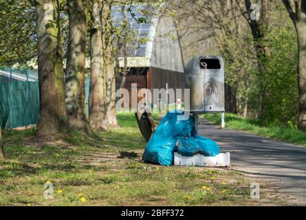 Sacchetti di plastica blu riempiti di immondizia vicino ad un cestino di metallo vuoto possono in un parco pubblico. Inquinamento ambientale, smaltimento illegale dei rifiuti in natura Foto Stock