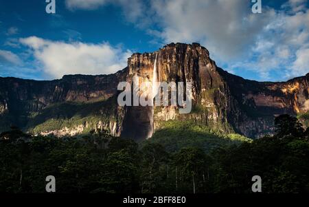 Vista maestosa su Salto Angel dal campo base, cascata più alta del mondo, Canaima National Park, Venezuela Foto Stock