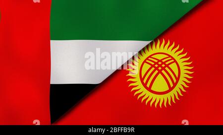 Due bandiere degli stati Uniti degli Emirati Arabi Uniti e del Kirghizistan. Background aziendale di alta qualità. illustrazione 3d Foto Stock