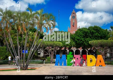 Merida Messico - la città di Merida segno nella Plaza Grande, Merida, la capitale dello Yucatan, Messico America Latina Foto Stock