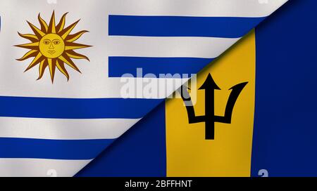 Due bandiere di stati dell'Uruguay e delle Barbados. Background aziendale di alta qualità. illustrazione 3d Foto Stock