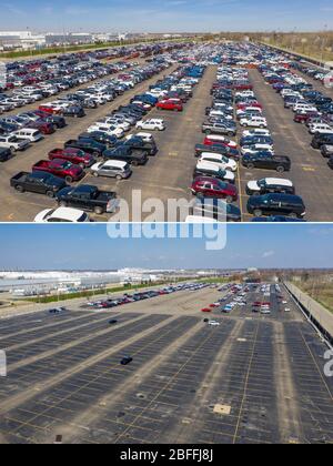 Detroit, Michigan, Stati Uniti. 18 Aprile 2020. Il parcheggio quasi vuoto dove i camion e le automobili costruiti da Fiat Chrysler normalmente aspettano il trasporto ai commercianti (fondo) contrasta con lo stesso lotto fotografato nell'aprile 2019. La produzione nell'industria automobilistica è stata interrotta a causa della pandemia di coronavirus. Credit: Jim West/Alamy Live News Foto Stock