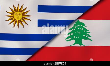Due bandiere di stati dell'Uruguay e del Libano. Background aziendale di alta qualità. illustrazione 3d Foto Stock