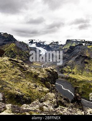 Un'incredibile ripresa nella zona di Eyjafjallajokull, nella parte occidentale dell'Islanda Foto Stock