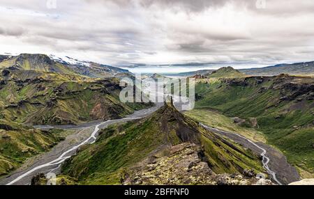 Un'incredibile ripresa nella zona di Eyjafjallajokull, nella parte occidentale dell'Islanda Foto Stock