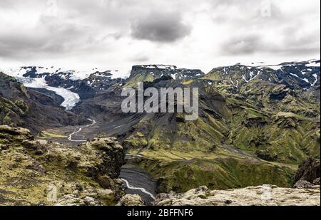 Un'incredibile ripresa nella zona di Eyjafjallajokull, nella parte occidentale dell'Islanda Foto Stock