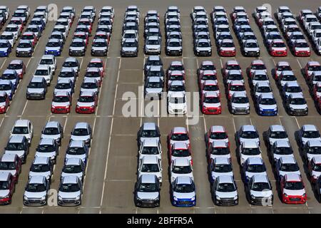 New Cars, Porto di Zeebrugge, Blankenberge, Fiandre, Belgio, Europa Foto Stock