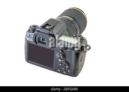 corpo fotocamera reflex digitale con monitor lcd posteriore visibile e obiettivo zoom collegato Foto Stock