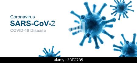 COVID-19 sfondo coronavirus, illustrazione 3d, germi patogeni isolati su sfondo bianco. Nuovo focolaio globale del virus della corona SARS-cov-2. PANORAMI Foto Stock