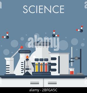 Illustrazione vettoriale di concept science flat design. Attrezzature di laboratorio e vetreria sul tavolo. Set di esperimenti chimici. Illustrazione Vettoriale