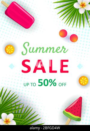 Layout di sfondo per le vendite estive per banner, wallpaper, volantini, inviti, poster, brochure, buoni sconto. Estate vendita poster vettoriale con 50 Illustrazione Vettoriale