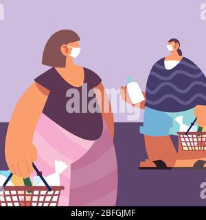 persone con maschere mediche fare shopping in supermercato, sociale di distanziamento vettore illustrazione disegno Illustrazione Vettoriale