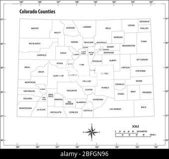 Stato del Colorado delineare la mappa vettoriale amministrativa e politica in bianco e nero Illustrazione Vettoriale