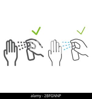 Antisettico per le mani colore linea icone, lavaggio e igiene, segno antibatterico spray, grafica vettoriale, un modello lineare su sfondo bianco, eps 10. Illustrazione Vettoriale