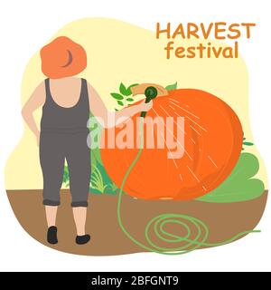 Illustrazione piatta del giardiniere della donna in un cappello sta innaffiando una zucca enorme Illustrazione Vettoriale