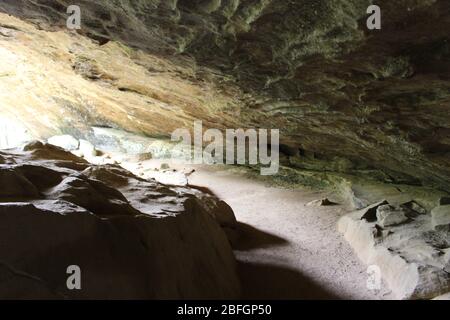 Luogo da visitare in Columbus Ohio cascata, alberi verdi e paesaggio verde roccioso passeggiata sotto il passo, gabbiano nel cielo Foto Stock