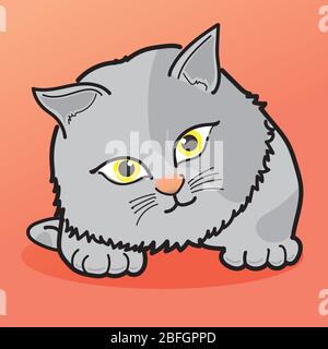 Cat Illustration Clipart. Il gatto grigio ha una marcatura scura sul suo corpo. Ha occhi gialli. È su uno sfondo arancione. Disegno a mano art. Illustrazione Vettoriale