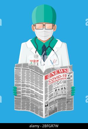 Il dottore in suit legge notizie mondiali di giornali su covid-19 coronavirus ncov. Pagine con vari titoli, immagini, citazioni, testi e articoli. Media, giornalismo e stampa. Illustrazione vettoriale piatta Illustrazione Vettoriale