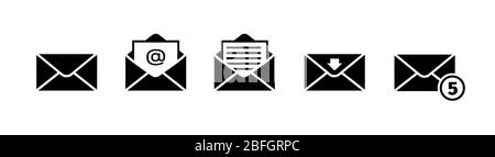 Icona e-mail impostata in nero su sfondo bianco Illustrazione Vettoriale