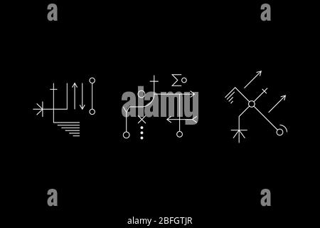 Misteriosa geometria bianco set di simboli. Antiche iscrizioni segrete. Disegni delle grotte. Indicazioni UFO. Simboli di progettazione per puzzle, logica, metroidvania e giochi indie. Illustrazione di un vettore. Illustrazione Vettoriale