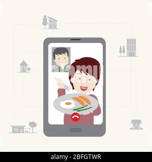 Resta connesso durante i momenti di cucina grazie alle tecnologie sociali e alle applicazioni mobili Illustrazione Vettoriale