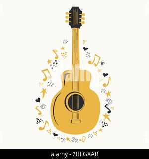 Chitarra acustica circondata da note, l'iscrizione Love Music, Country Music. Country Cowboy Music Festival Creative Event Live Event Poster Concept Illustrazione Vettoriale