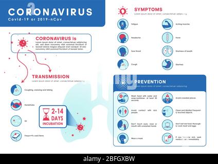 Infografica sul coronavirus Covid-19 o 2019-ncov. Trasmissione, sintomi e prevenzione con icone incubazione nei polmoni. Vettore. EPS 10. Illustrazione Vettoriale