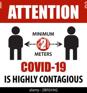 Segnale di avvertimento distanza sociale. Segnale di avvertenza relativo alle misure di quarantena in luoghi pubblici. Restrizione e cautela COVID-19. Vettore utilizzato per w Illustrazione Vettoriale