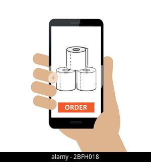 La persona ha ordinato carta igienica online tramite l'illustrazione vettoriale dello smartphone EPS10 Illustrazione Vettoriale