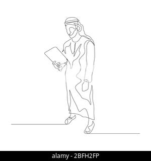 Uomo continuo di una linea in abiti arabici uso tablet. Illustrazione vettoriale. Illustrazione Vettoriale