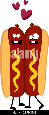 Hot dog divertente. Hot dog. Carino fast food vettore set di carattere isolato su bianco.. Illustrazione Vettoriale