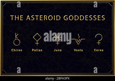 Set di simboli alchemici dorati delle dea degli asteroidi su sfondo scuro. Geometria sacra. Illustrazione di un vettore. Illustrazione Vettoriale