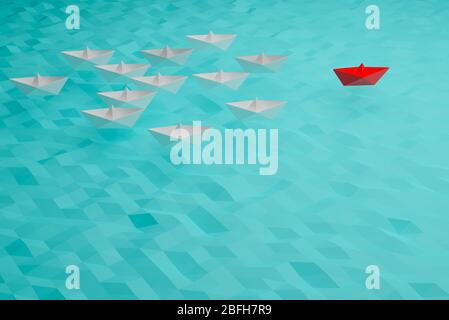 Concetto di nave leader, vittoria e successo di barca rossa, concetto di successo aziendale, rendering di illustrazioni 3D Foto Stock