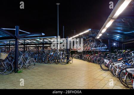 Deposito completo di biciclette presso la stazione ferroviaria di Sassenheim nei Paesi Bassi. Foto Stock