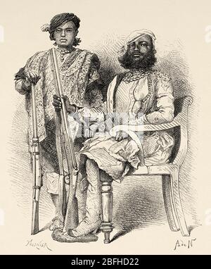 Ritratto di personaggi nobili di Dholepor, India. Vecchia illustrazione di incisione da El Mundo en la mano 1878 Foto Stock