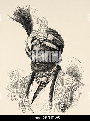 Ritratto del Maharaja di Cashmere, India. Vecchia illustrazione di incisione Principe del Galles Albert Edward tour dell'India. El Mundo en la mano 1878 Foto Stock