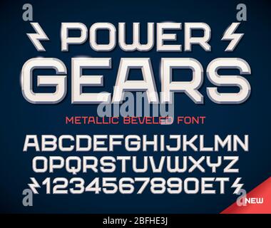 Carattere geometrico futuristico, alfabeto e numeri smussati metallici. Maiuscolo. Illustrazione vettoriale. Illustrazione Vettoriale