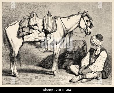 Contadino bosniaco con il suo cavallo. Bosnia. Europa, vecchia illustrazione incisione terra di viaggio degli slavi meridionali di M. Perrot Foto Stock