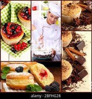 Collage di tema dolciario composto da deliziosi dolci e cuoco Foto Stock