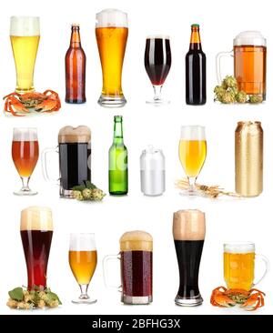 Molta birra in diversi contenitori isolati su bianco Foto Stock