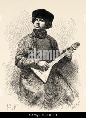 Musicista russo del villaggio, Russia. Vecchia illustrazione dell'incisione, viaggio alla Russia libera 1869 da William Hepworth Dixon Foto Stock