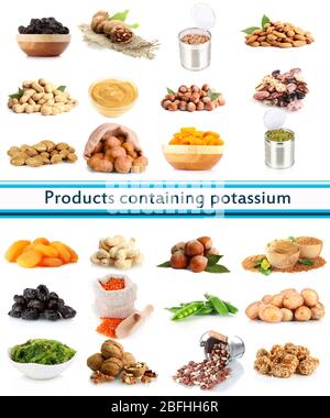 Prodotti contenenti potassio isolato su bianco Foto Stock
