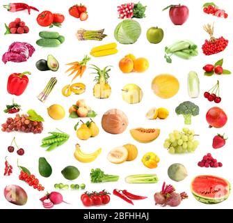 Raccolta di frutta e verdura isolata su bianco Foto Stock