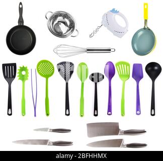 Collezione di utensili da cucina isolata su bianco Foto Stock