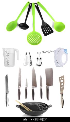 Collezione di utensili da cucina isolata su bianco Foto Stock