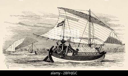 Tipica barca sull'isola di Makassar, Indonesia, Asia. Vecchia illustrazione dell'incisione, l'arcipelago malese di Alfred Russell Wallace Foto Stock