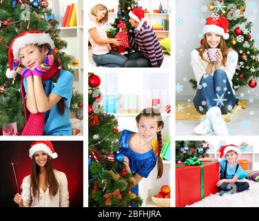 Collage di gente che celebra il Natale a casa Foto Stock