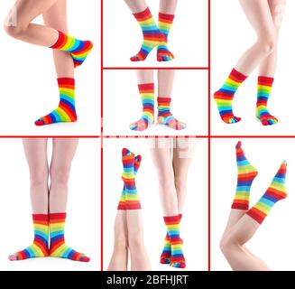 Collage di gambe femminili in calzini colorati Foto Stock